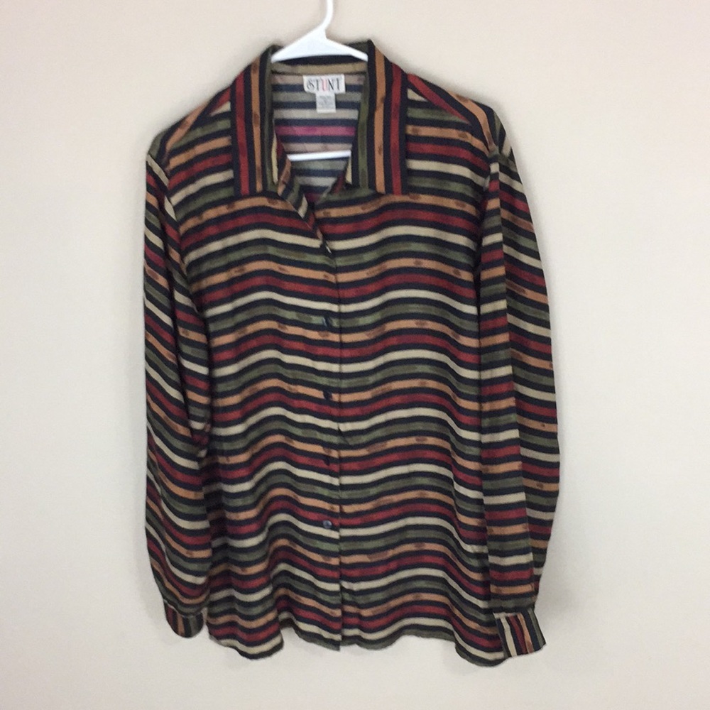 Vintage Stunt 100% Silk Striped Long Sleeve Button Down Shirt Size Large